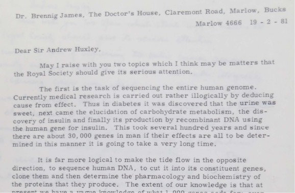 "letter that Dr James wrote to the President of the Royal Society urging him to consider “the task of sequencing the entire human genome"